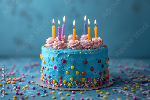 A two-toned birthday cake featuring baby pink and bright blue icing topped with lit candles amid celebrations