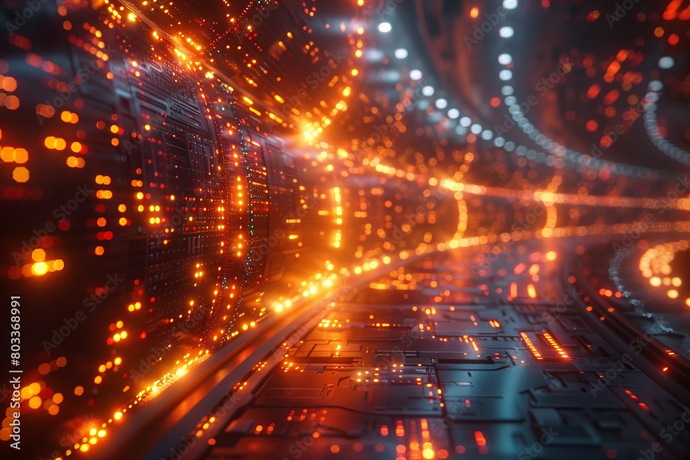 Fototapeta premium The image showcases a high-tech, advanced server space illuminated by vibrant red and orange lights, representing data flow and connectivity