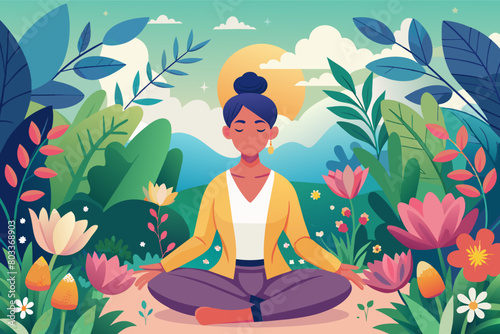 person meditating in a serene garden, surrounded by blooming flowers
