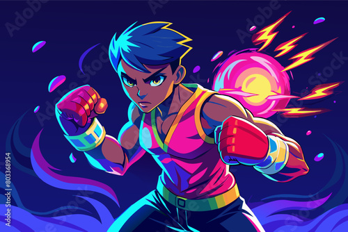 person in a boxing stance, their gloves glowing with power as they prepare to punch