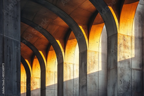 Detail of contemporary concrete construction with curved arched columns illuminated by sunlight in city photo