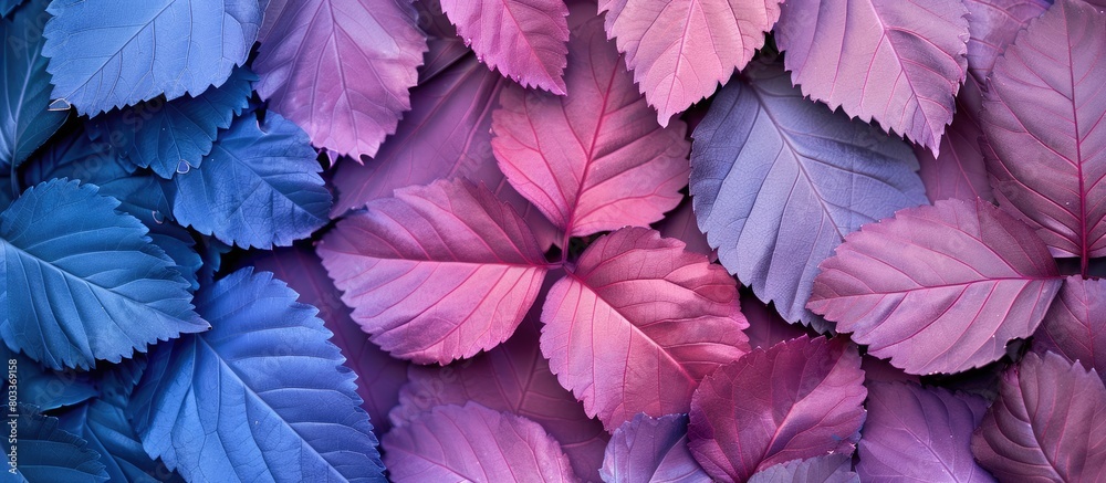 Beautiful leaves in blue and purple-pink tones with a natural macro texture arranged in a flat lay style.