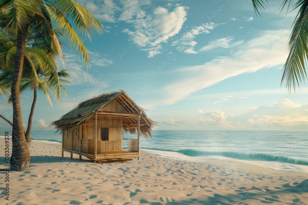 Beautiful landscape of a simple house made of bamboo on the beach, summer, vacation concept. Beautiful landscape of a simple house made of bamboo on the beach, summer, vacation concept.