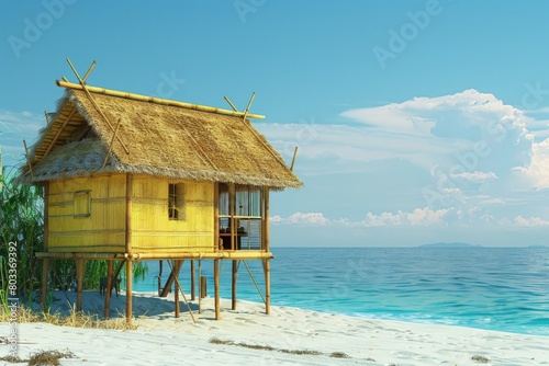 Beautiful landscape of a simple house made of bamboo on the beach  summer  vacation concept.
