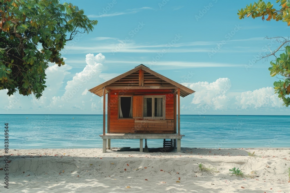 Fototapeta premium Landscape with a simple wooden house on the beach, summer, vacation concept.