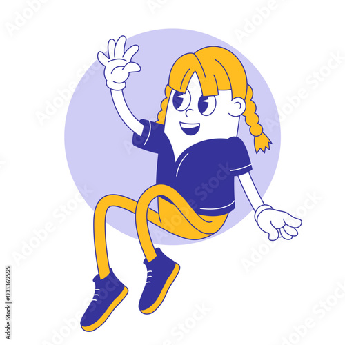 70s groovy girl character showing hello gesture..