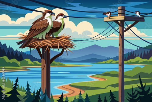 pair of ospreys nesting atop a telephone pole overlooking a river