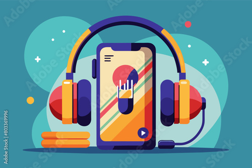 pair of headphones rests on a smartphone with a podcast episode playing