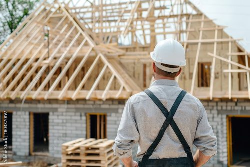 A construction manager oversees the progress of a new residential framing project