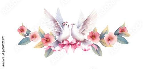 Floral spring pink vignette  love birds and doves  floral spring border  arch for wedding invitation  marriage  watercolor illustration