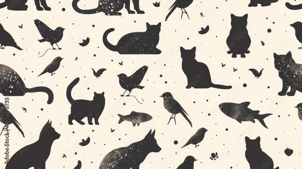 A seamless pattern with black cats, birds and fishes on a beige background. The perfect fabric for a whimsical and stylish dress.