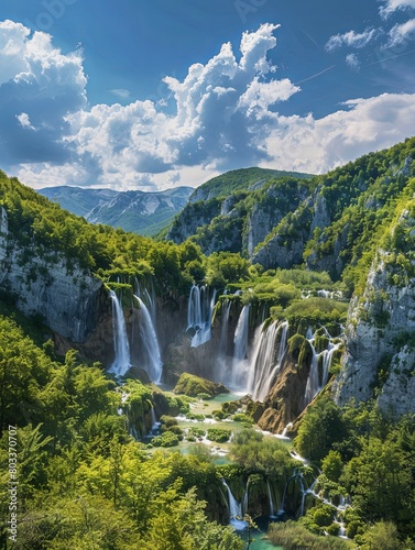 Breathtaking Plitvice Lakes waterfall panorama - The Plitvice Lakes National Park, with its cascading waterfalls and lush greenery, offers a breathtaking panoramic view