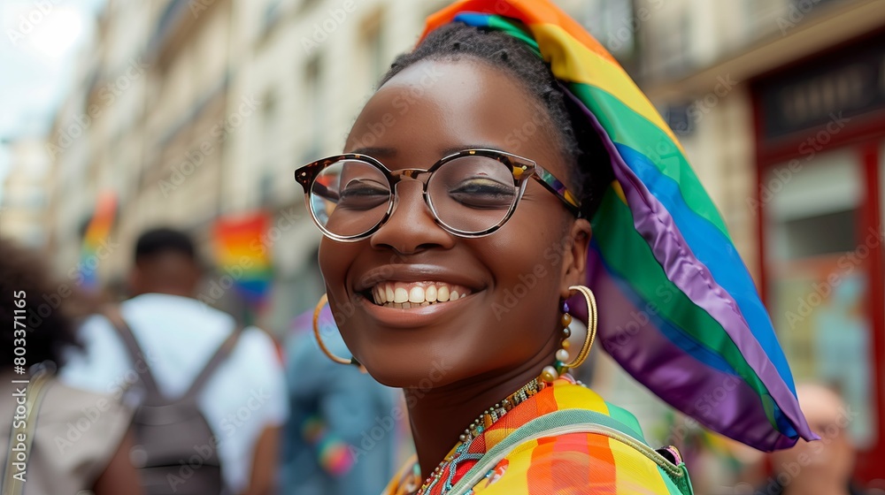 Happy Afro American woman with rainbow flag and glasses at LGBTQ+ gay pride.