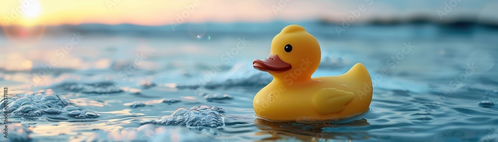A yellow rubber duck floats playfully on the water, ideal for bath time or playful moments A yellow rubber duck floats playfully on the water, ideal for bath time or playful moments