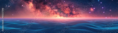 A vast digital grid extends to the horizon under a cosmic starry sky photo