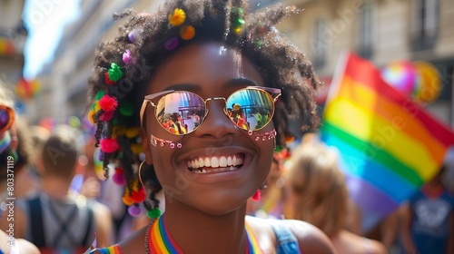 Happy Afro American woman with rainbow flag and glasses at LGBTQ+ gay pride.