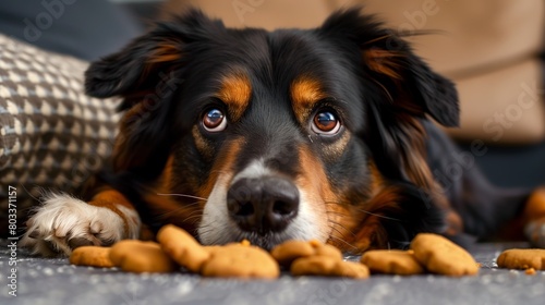 An Australian Shepherd lies on the floor at home with its nose buried in the food and looking at the milestone. Least favorite food, food not suitable for pets