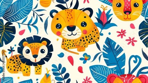 Cute cartoon lion and tiger seamless pattern. Colorful vector illustration with wild animals and tropical leaves. Perfect for kids room decor  fabric  wrapping paper  and more.