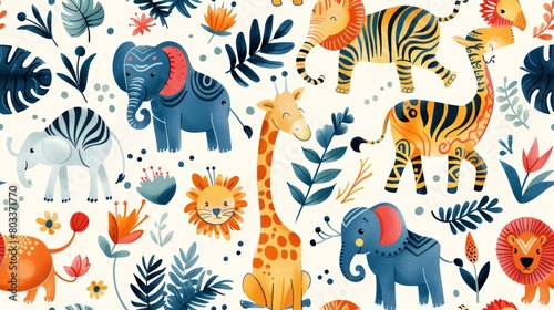 Cute cartoon seamless pattern with african animals  leaves and flowers. Bright colors. For kids.