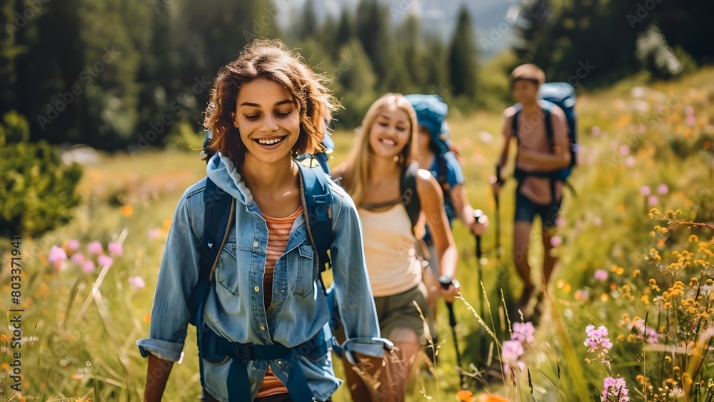 Teenagers bonding while hiking and exploring nature: Friends enjoying the great outdoors together. Concept Nature Exploration, Friendship, Outdoor Adventure, Teenagers, Hiking Teenagers bonding while hiking and exploring nature: Friends enjoying the great outdoors together. Concept Nature Exploration, Friendship, Outdoor Adventure, Teenagers, Hiking