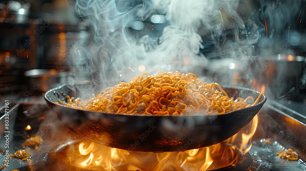 A pan with noodles and sauce being fried in the kitchen, closeup of hands holding pasta above wok on a black background, smoke from cooking. A pan with noodles and sauce being fried in the kitchen, closeup of hands holding pasta above wok on a black background, smoke from cooking.