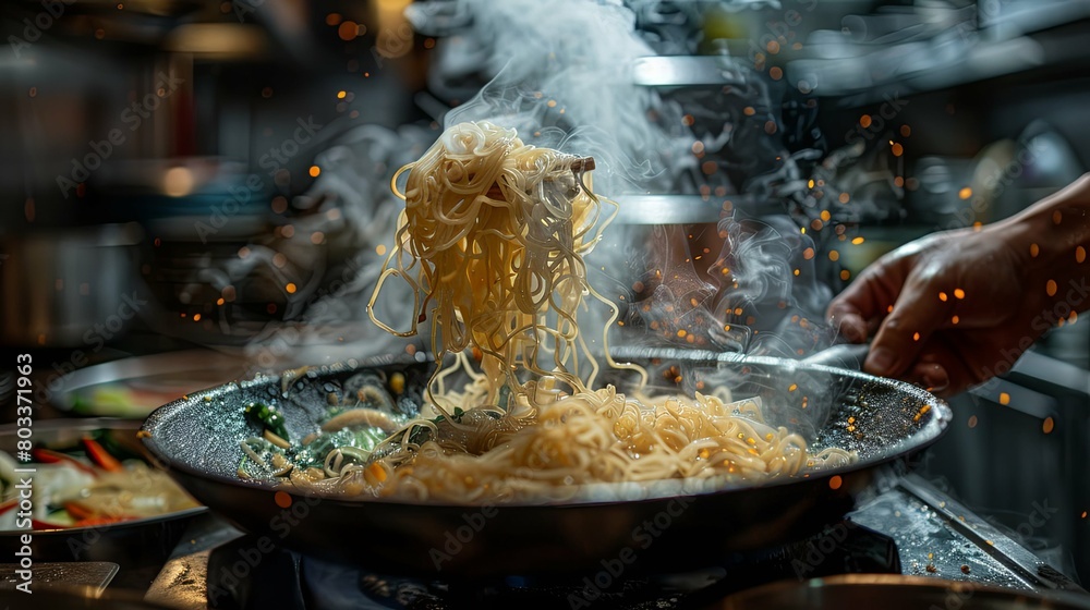 A pan with noodles and sauce being fried in the kitchen, closeup of hands holding pasta above wok on a black background, smoke from cooking. A pan with noodles and sauce being fried in the kitchen, closeup of hands holding pasta above wok on a black background, smoke from cooking.
