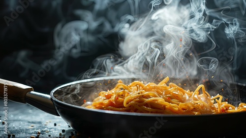 A pan with noodles and sauce being fried in the kitchen  closeup of hands holding pasta above wok on a black background  smoke from cooking.
