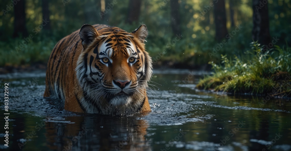 Majestic Siberian tiger playing in forest stream, Russia. Dangerous yet beautiful animal splashing water. Stunning 8K