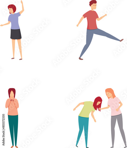 Teenage aggression icons set cartoon vector. Children conflict and violence. Discrimination and intimidation