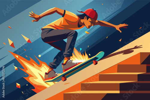 An action-packed shot of a freestyle skateboarder grinding down a handrail, with sparks flying as they execute a stylish trick