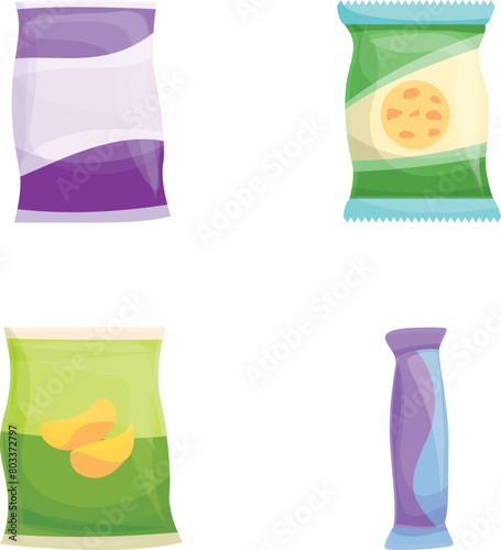 Snack icons set cartoon vector. Various type of packaged snack. Unhealthy junk food