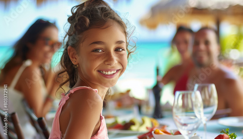 Close-up of family on holiday or vacation eating near a beach a la carte with the blue sea in the background photo