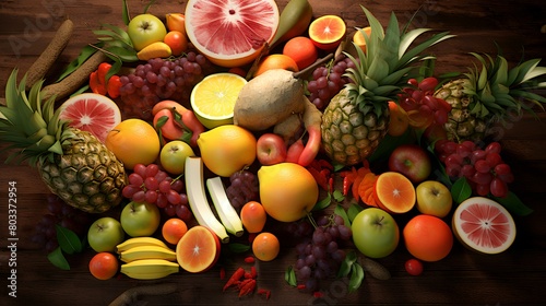 Fruits on the wooden background. Healthy eating concept. Top view. © shameem