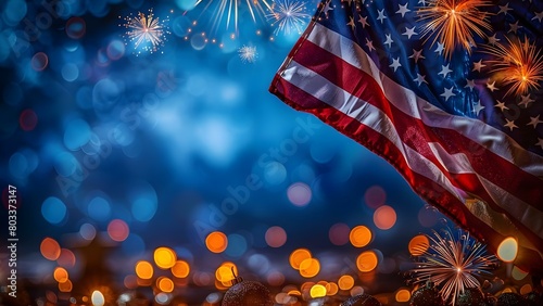 American Flag Waving in the Wind with Fireworks: Wideangle Photo. Concept Fourth of JulyCelebration, PatrioticColors, AmericanFlag, Waving inthe Wind, Fireworks, Wide-AnglePhoto photo