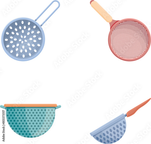 Metal colander icons set cartoon vector. Colander of various shape and color. Kitchen utensils