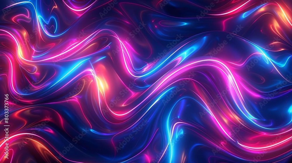 Design a seamless pattern of abstract neon light streaks and beams on a dark blue background for use in digital projects.