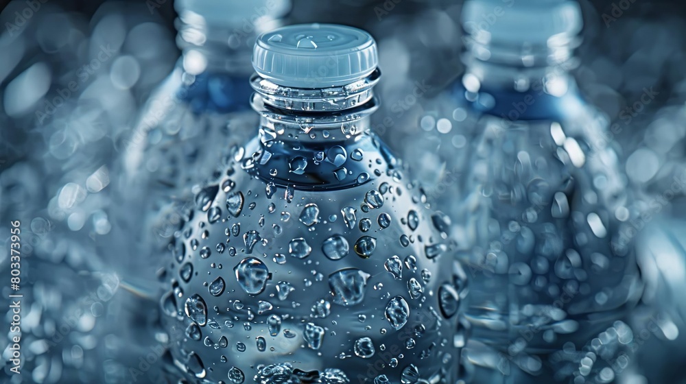 A close-up shot of chilled bottled water with condensation droplets, ready for sale. A close-up shot of chilled bottled water with condensation droplets, ready for sale.