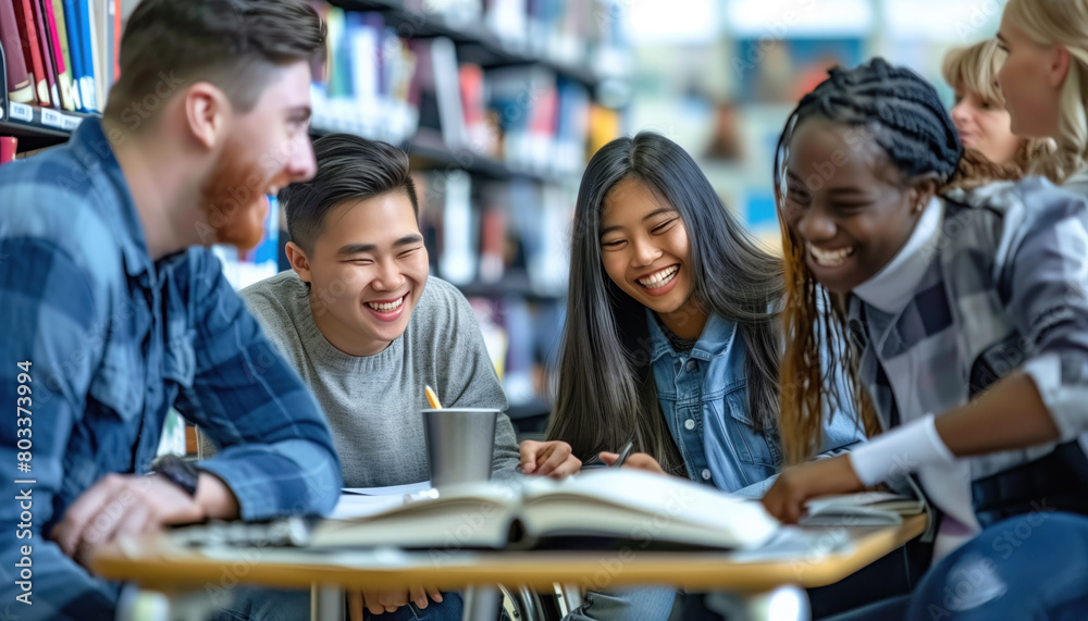 Happy multiethnic group of students and classmates studying together Happy multiethnic group of students and classmates studying together