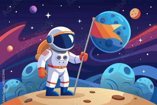 lone astronaut planting a flag on the surface of the moon