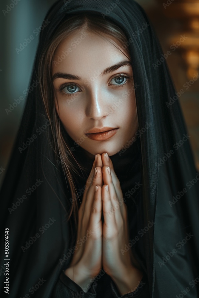 Tranquil caucasian nun in black habit serenely praying in the calm ambiance of a church Tranquil caucasian nun in black habit serenely praying in the calm ambiance of a church