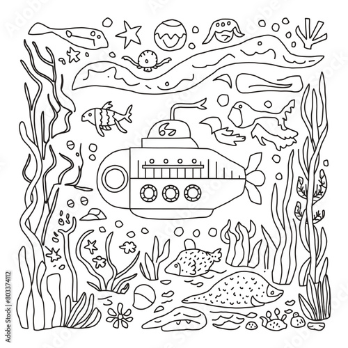 coloring book page illustration of a deep sea exploration with a submarine and underwater creatures.