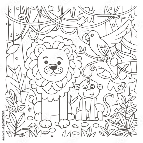 coloring book page illustration of a jungle scene with a lion  monkey  and parrot among vines and trees.