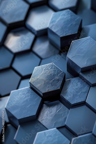 Blockchain technology abstractly visualized through interlocking hexagonal cutouts in shades of blue and grey, minimalist style suitable for cryptocurrency themed presentations. photo