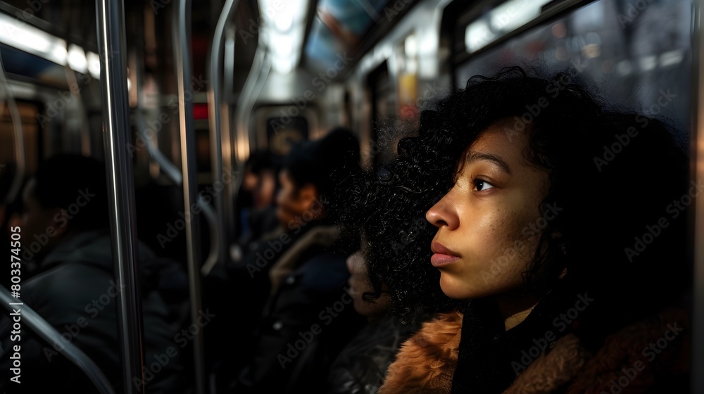Commuters Trance A Rider Stares into the Void aboard a Crowded Subway Train