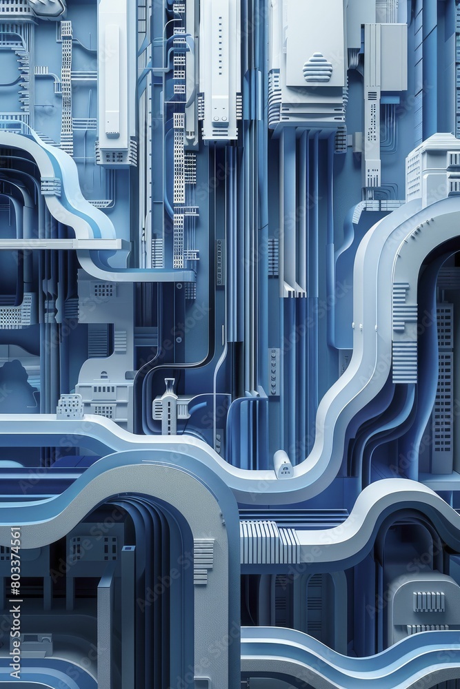 Data center operations depicted with minimalist paper cutouts of servers and cables in blues and grays, ideal for IT infrastructure advertisements or educational posters. Data center operations depicted with minimalist paper cutouts of servers and cables in blues and grays, ideal for IT infrastructure advertisements or educational posters.