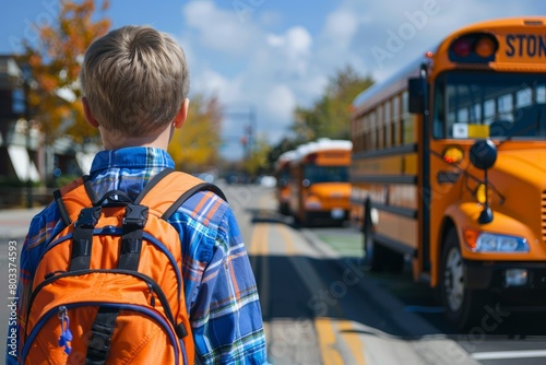 Child with backpack walking to school bus rear view of kid heading to bus stop in the morning