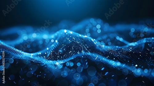 Abstract blue wave of hexagon particles on dark background, futuristic digital technology and science concept Abstract white polygon mesh grid with dots and lines, glowing design pattern in low poly s