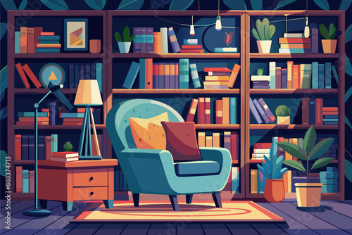 cozy reading nook filled with overflowing bookshelves and a comfy armchair