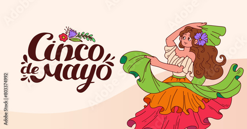 Cinco de mayo celebration banner. Horizontal background with dancing Mexican woman. Hand Lettering. Flamenco musical performance. Mexico Dancer at Cinco De Mayo festival. Vector doodle illustration.