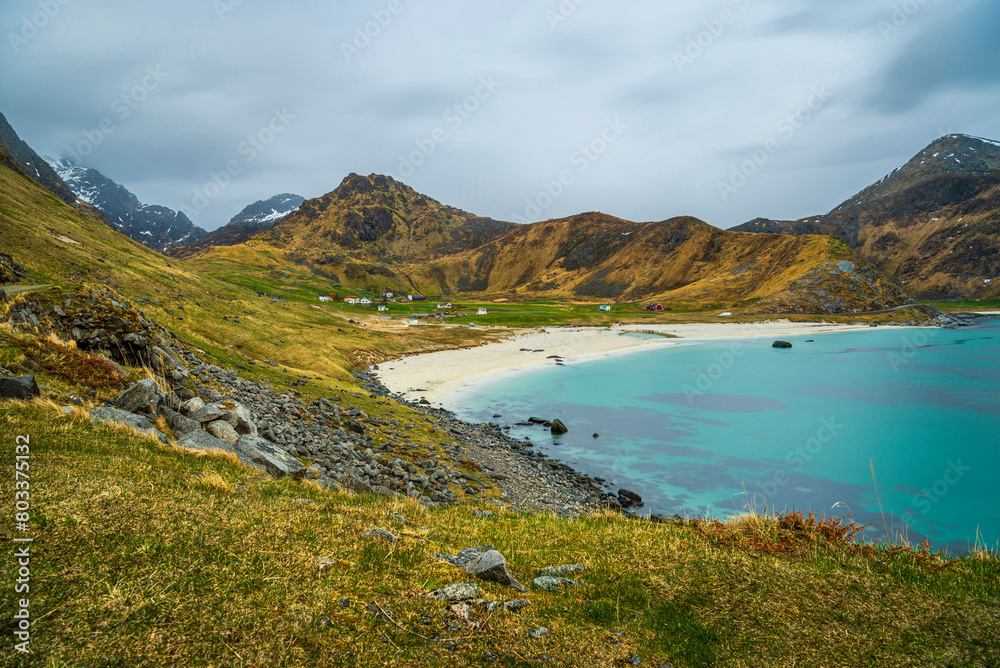 Fototapeta premium nature sceneries inside the area surroundings of Leknes, Lofoten Islands, Norway, during the spring season